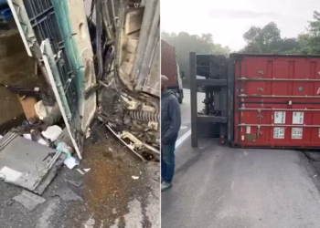 Carreta com 24,5 toneladas de algodão tomba em rodovia de Santos e deixa motorista ferido